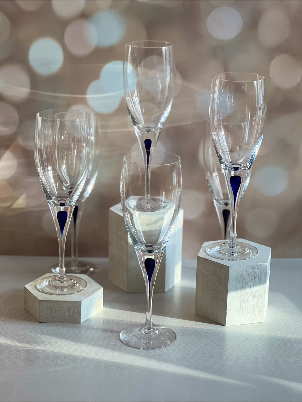 Orrefors Intermezzo Blue Champagne Flutes Set of 6 Swedish Crystal